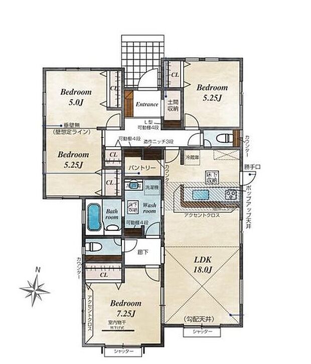 【3LDK】人気の平屋の間取りです☆
将来の家族構成の変化に合わせてお部屋を分けてもお使いいただけます！
LDKの天井は勾配になっており開放感のある空間に♪