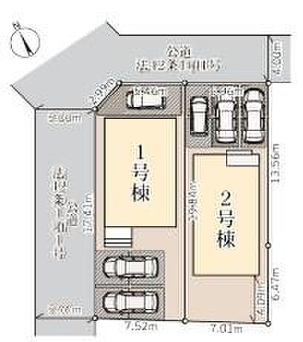 【全体区画図】敷地面積42～43坪超♪
駐車３台可！
お客様がいらしても安心ですね♪