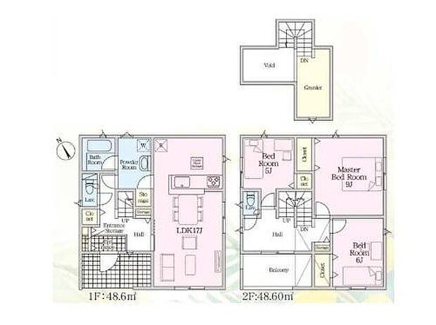 【3LDK】◇主寝室は9帖！ほか全居室6帖以上のゆとりある2階建ての住まい♪
◇広い洗面脱衣室とホール直行バルコニーで洗濯の導線がらくらく♪
◇外遊びおもちゃも置ける広さのある玄関ポーチは雨の日も濡れにくく快適♪