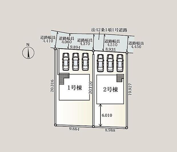 【全体区画図】カースペース3台分ご用意ございます♪（車種による）
家族分の自転車を駐輪したり、来客用の駐車スペースとしてもお使いいただけます♪