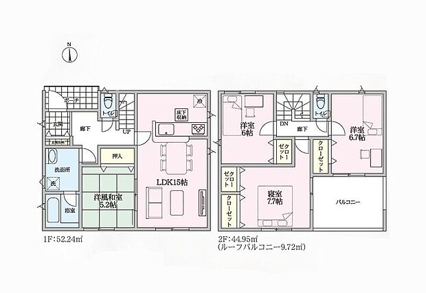 【4LDK】◇来客用やお子様の遊び部屋としても利用できる和室付き♪
◇玄関入ってすぐに洗面所のある設計で、衛生面も安心！
◇インナーバルコニー仕様で急な雨でも安心♪