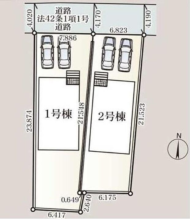 【全体区画図】お車並列2台分の駐車スペースをご用意いたしました！前面の道路は余裕のある広さで駐車もラクラク行えます♪