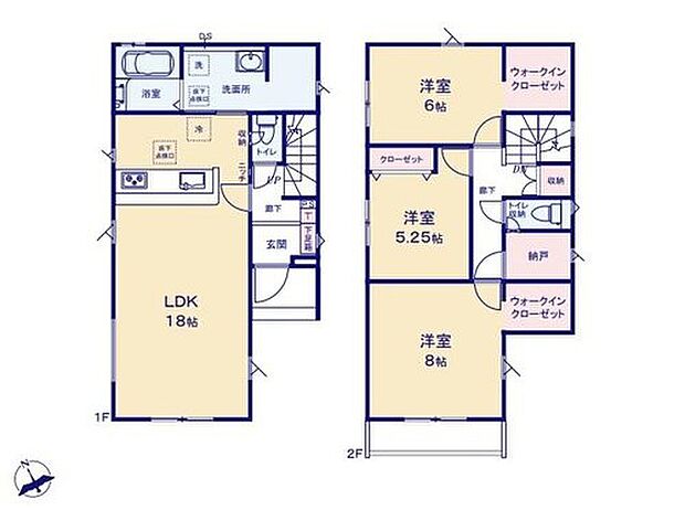 【3LDK】◇WIC×3、納戸、ホール収納など収納豊富で空間がすっきり片付きます♪
◇明るい3面採光のLDKは、広々18帖！家具を配置しても空間にゆとりが生まれます♪
◇お料理中も家族との会話が弾む対面式キッチン採用♪