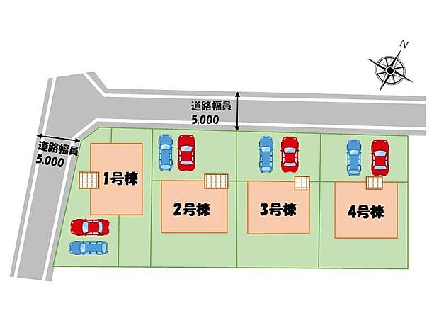 【全体区画図】敷地面積56坪以上の全4棟♪お車並列で2台駐車可能☆家族分の自転車を駐輪したり、来客用の駐車スペースとしてもお使いいただけます♪南側には嬉しいお庭付き☆