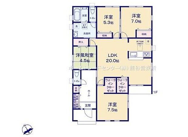 【4LDK】広々敷地を活かした平屋プラン☆
20帖のLDKはご家族でゆったり寛げる充分な広さがございます♪
大容量のWICを2箇所に配置◎お部屋がスッキリ片付きます♪