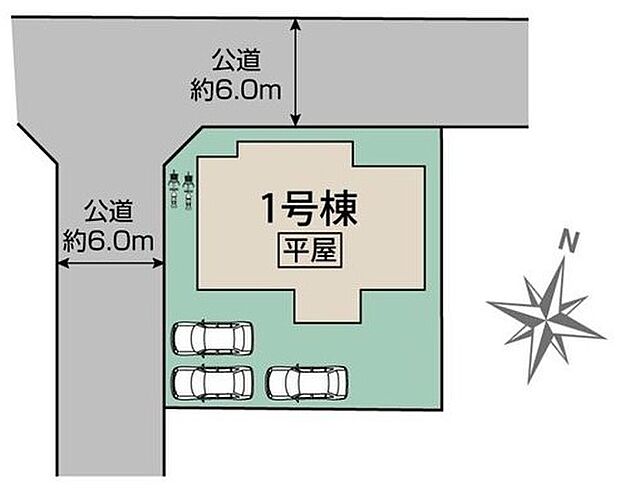 【全体区画図】角地で開放的な区画♪南向き陽当たり、風通良好◎
駐車スペースは最大3台可能で来客時も安心のゆとりある配置です☆（車種による）
前面道路も６m以上で車の出し入れもラクラク♪