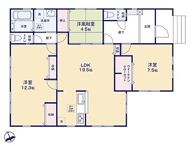 ◇回遊動線がコンパクトで人気な平屋プラン☆全居室収納完備！◇採光良好なLDKは広々19.5帖！一日中光溢れるダイニングキッチン♪◇WIC付きの主寝室、洋風和室など多彩で便利なお部屋をご用意◎ 