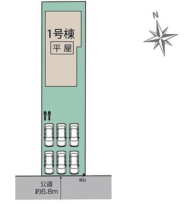 【区画図】☆敷地約98坪☆暮らしやすさにこだわった、太陽光発電標準搭載の平屋住宅です♪
車を6台駐車してもまだまだゆったりの敷地！お子様の遊び場としても、ガーデニングも楽しめます♪