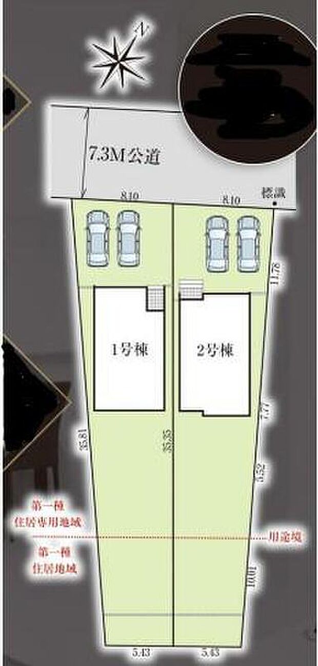 【全体区画図】敷地面積72坪♪
並列駐車2台可!
広々したお庭でお子様と遊ぶのもいいですね☆