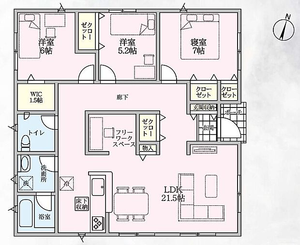 【3LDK】開放感抜群な平屋♪暮らしの同線が効率的に☆水回り集中設計◎広々21.5帖のLDK☆フリーワークスペース＆リビング収納付き♪全居室収納完備☆6帖の主寝室にはWIC（1.5帖）をご用意♪
