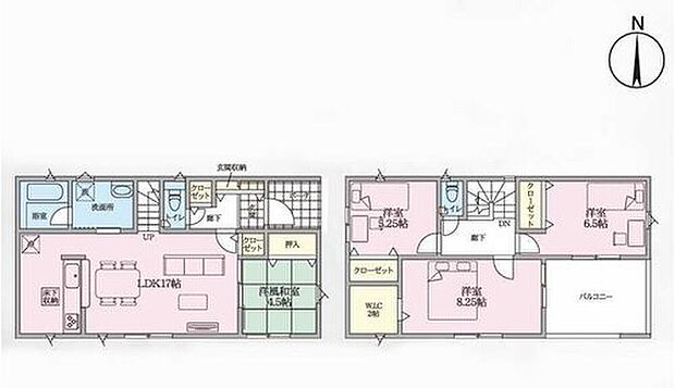 【4LDK】◇LDK17帖！続き間に4.5帖の和室付き♪
◇家族のコミュニケーションを重視した対面式キッチン・リビングイン階段プラン♪
◇ワイドバルコニー付き☆お布団などもたっぷり干せてお洗濯も快適◎