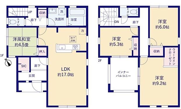【4LDK】和のテイストも楽しめる畳の部屋4.5帖も配置♪
シューズインクロークやウォークインクローゼットも完備♪
雨の日も安心なインナーバルコニー☆