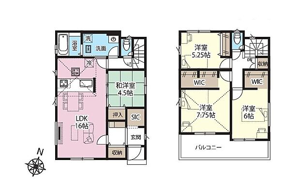 【4LDK】LDK16帖♪嬉しい対面式キッチン採用!家事動線らくらくの水回り集中設計◎
リビング横には和の憩いをもたらす4.5帖の和洋室をご用意♪
WIC(2ヶ所)や、玄関すっきり片付くSICなど収納豊富なお住まいです☆