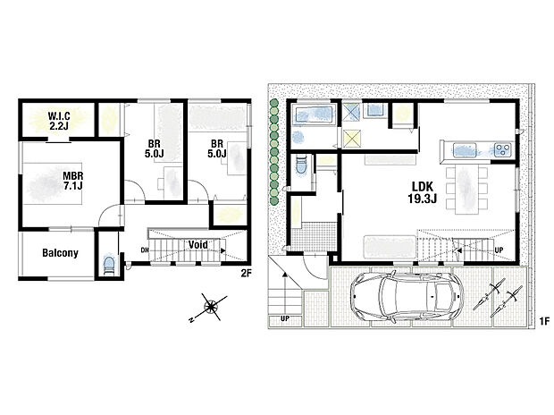建物プラン例:3LDK、土地価格1100万円、土地面積約83.86m2、建物価格2280万円、建物面積96.77m2
