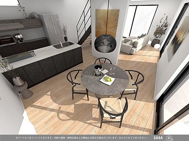 【内観パース】人気の対面式キッチンは、小さなお子様のいるご家庭もリビングの様子を見守りながらお料理できて安心♪