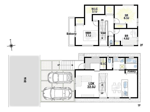【建物プラン例(1号地)】建物プラン例(1号地)2LDK+S、土地価格3200万円、土地面積99.04m2、建物価格2280万円、建物面積102.68m2