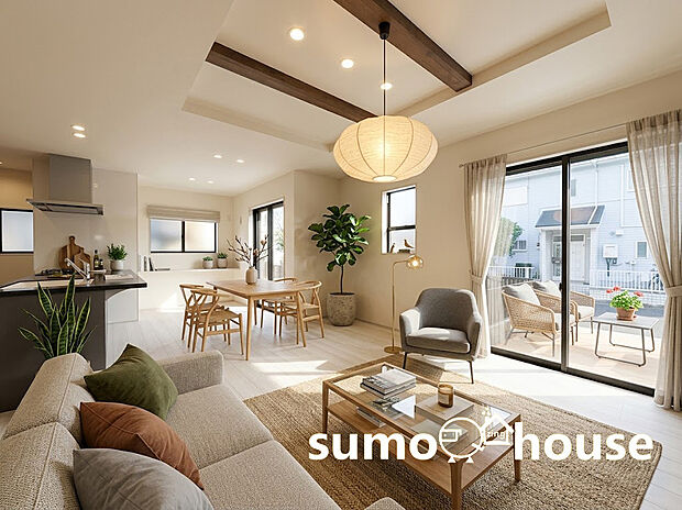 足元からポカポカ温まる床暖房を標準装備した、機能性豊かな19.5帖のLDKです。折上げ天井と化粧梁が、空間に奥行きと洗練された印象をプラスする開放的なリビング。(家具等はCGです)