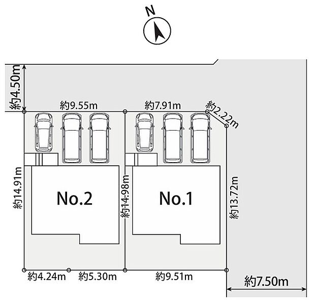 並列3台駐車可能なカースペース（車種によります）。セカンドカー用として、自転車置き場や物置場として、お子様の遊ぶスペースとして、ゆとりある敷地だからこそ可能な多用途にご利用いただけるスペースです。