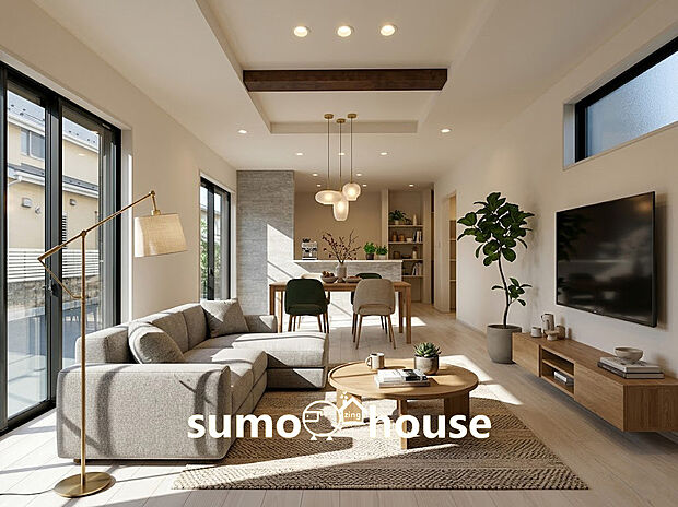 団らんの中心となるLDKには、寒い季節も快適に過ごせる床暖房を標準装備 。家族が自然と集まるリビングは、広々とした18.75帖のゆとりある設計 。(家具等はCGです)