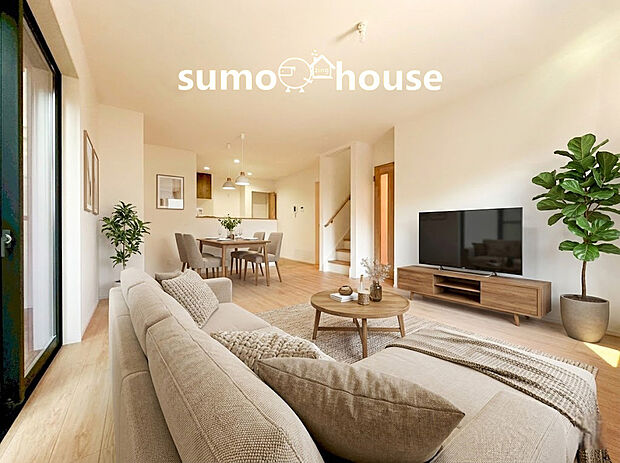 【内観施工例 全棟ゆとりの4LDK新築デザイナーズ住宅】【類似内観同仕様】施工例の為、分譲中の建物とは床材、壁紙、設備、間取り等の形状・仕様が異なります。オープンでのびやかな空間を生み出す、こだわりの広がりとゆとり。