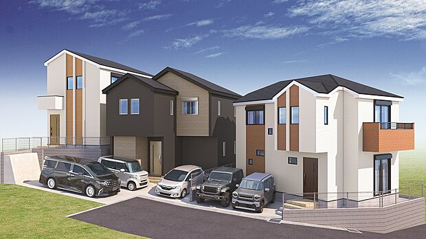 【街並み建物完成予想パース】深く豊かな緑と爽快な青い空を感じる、まるで杜の中に暮らすような心地よさを存分に堪能いただける邸宅です。最高グレードの設備仕様が標準装備の新築住宅で快適で便利な生活をお送り頂ける一品です。