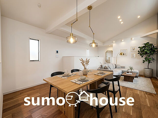 【リビング】完成物件につき内覧ご予約受付中です！図面や写真だけではお伝えしきれない「勾配天井の抜け感」や「中2階のワクワク感」を 、ぜひご自身の目で確かめてみませんか？(家具等はCGです)