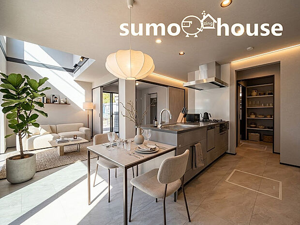 【吹抜け天井リビング】黒を基調とした室内扉や窓枠が、空間全体にメリハリを生み出すモダンインテリア。上質な大理石調フロアと黒のアクセントが効いたモダンなリビングには開放感抜群の吹き抜けがあります。(家具等はCGです)