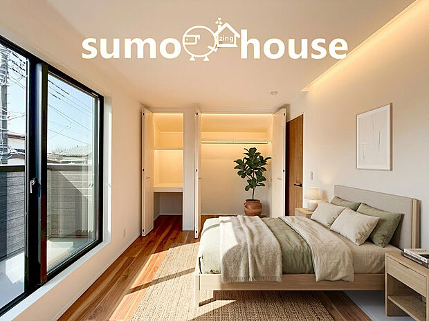 【洋室】大きな窓から陽光が差し込む明るい居室。2つのクローゼットで収納力も抜群です。2面採光で陽光あふれる明るいお部屋です 。バルコニーに面した大きな窓が開放感を演出。(家具等はCGです)