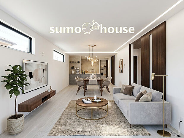 【リビング】家族全員が集まってもゆとりを感じられる大空間は、まさに暮らしの中心。 白を基調とした明るい内装と、奥までまっすぐ続く直線的なレイアウトが、実面積以上の広がりを演出します。(家具等はCGです)