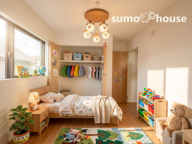 【居室】子供部屋にオープンなクローゼットを採用し、お片付けの習慣が自然と身に付きますよ。4つの洋室を備えた4LDKの間取り設計は家族のプライバシーをしっかりと守ります。(家具等はCGです)