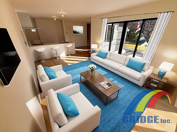 南西道路で陽当たり良好!収納豊富なWIC・リネン庫を完備してます。家族団らん空間のリビングには床暖房があります!是非一度一目見て欲しい物件です!家具設置イメージ