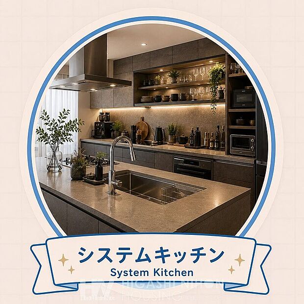 収納力と使い勝手に優れたシステムキッチンを採用。調理や後片付けがしやすく、毎日の家事を快適にサポートします。※掲載画像はイメージであり、実際の設備・仕様・形状とは異なる場合があります。