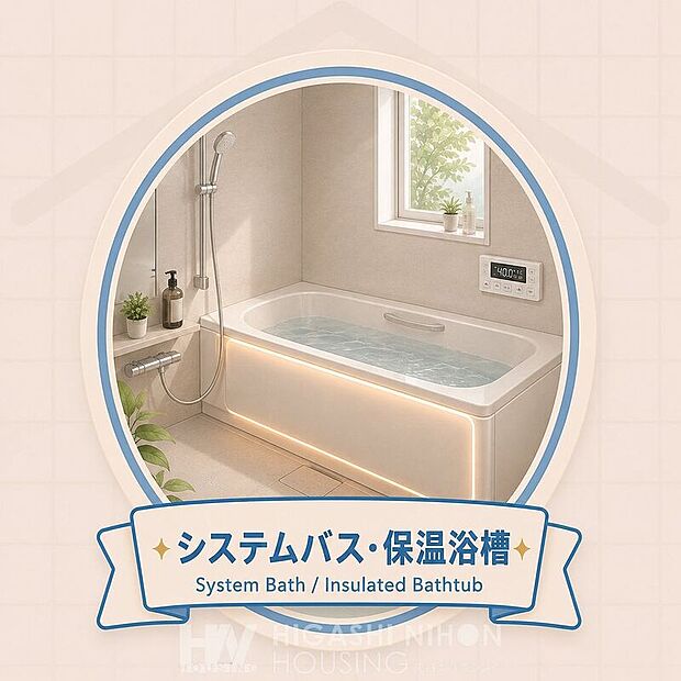 【その他設備】保温性に配慮したシステムバスを採用。お湯が冷めにくく、ご家族それぞれの入浴時間が異なる日にも快適にご利用いただけます。※掲載画像はイメージであり、実際の設備・仕様・形状とは異なる場合があります。
