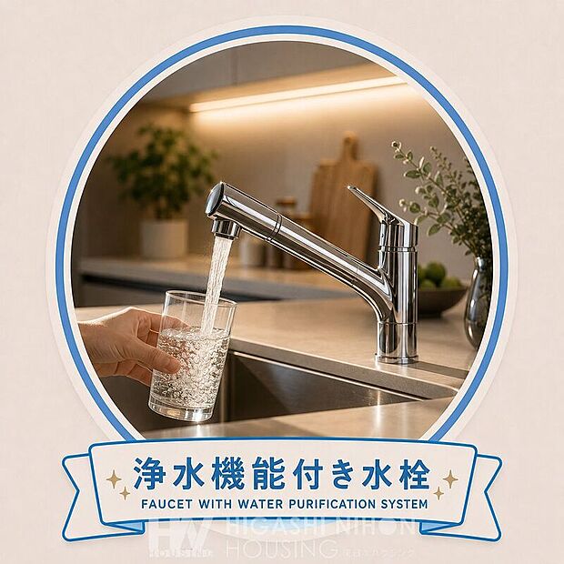 【その他設備】浄水機能付き水栓を採用し、料理や飲み水にも便利。手軽にきれいな水をご利用いただける使い勝手の良い設備です。※掲載画像はイメージであり、実際の設備・仕様・形状とは異なる場合があります。