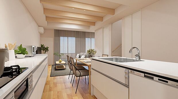 ■2号地キッチン（パース）　キッチン横にダイニングテーブルを設けることで、配膳や片付けがスムーズになります。ご家族みんなが自然と家事に参加できる間取りです。