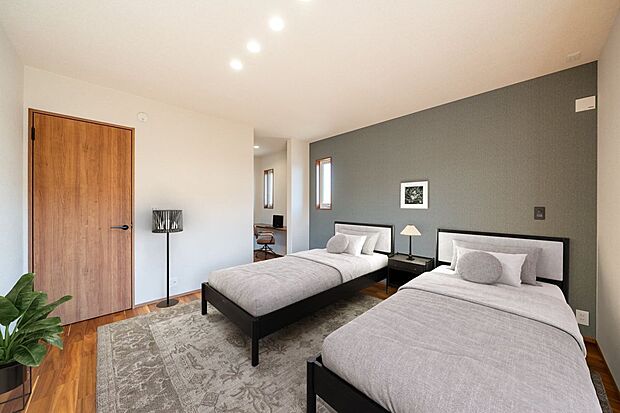 【寝室】■5号地主寝室　落ち着いた色合いのアクセントクロスが、シックな雰囲気を演出する主寝室は約9.2帖（ワークスペース含む）あります。ベッドを2台並べてもゆとりがある広さです。※CG合成にて家具を設置