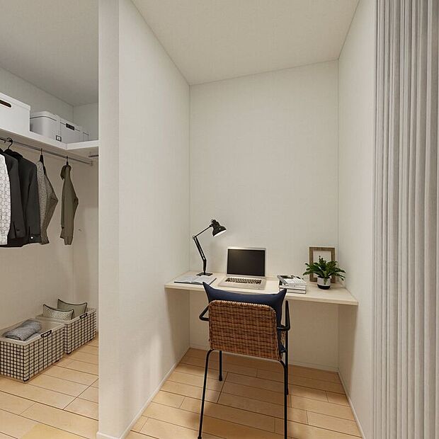 【完成予想図（内観）】■1号地ワークスペース（パース）主寝室にはワークスペースがあります。お休み前に読書をしたり、日記を書いたり、日中のテレワークにご活用いただいたり、様々な用途で活躍するスペースです。