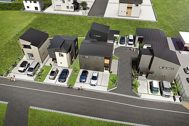 【鳥瞰図】「ゆとりある街区で、のびのび暮らす。」
住まい同士の距離感や駐車スペースにもゆとりを確保。街全体で心地よい暮らしを描く、ガーデンテラス高柳。
