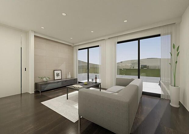 【建物プラン例（パース・内観）】建物プラン　モデルハウスNo.10／リビング南面いっぱいに配置された2枚の窓がテラスとのつながりを生み開放感ある空間に。