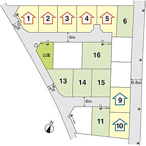 価格：996.1万円（1区画）～1,571.4万円（1区画）
No.6：194.19m2（58.74坪）、No.11：194.85m2（58.94坪）、No.13：203.03m2（61.41坪）、No.14：199.82m2（60.44坪）、No.15：199.52m2（60.35坪）、No.16：296.84m2（89.79坪） 