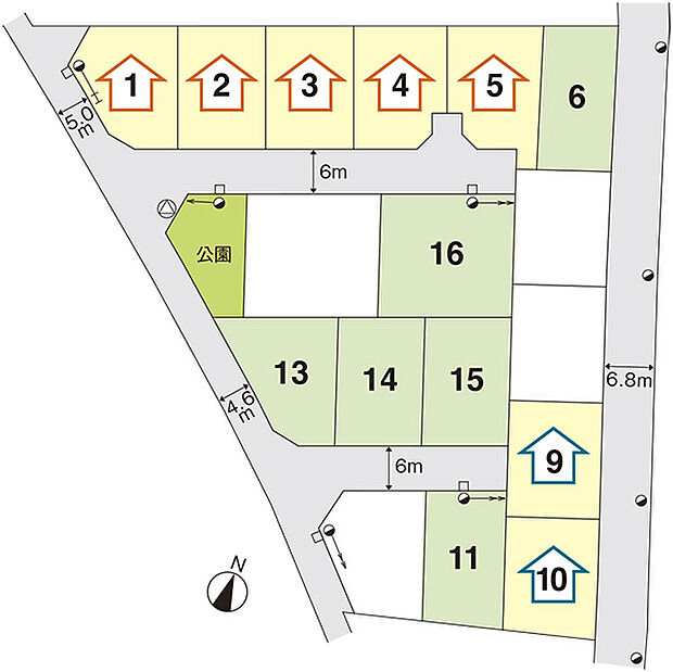 価格：996.1万円（1区画）～1,571.4万円（1区画）
No.6：194.19m2（58.74坪）、No.11：194.85m2（58.94坪）、No.13：203.03m2（61.41坪）、No.14：199.82m2（60.44坪）、No.15：199.52m2（60.35坪）、No.16：296.84m2（89.79坪）