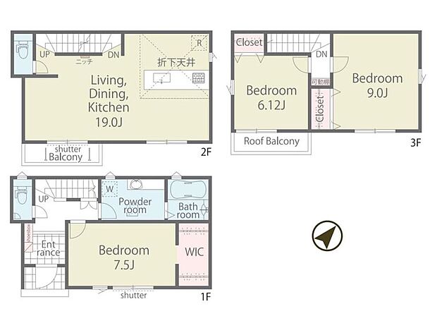 【1号棟間取り図】
3LDK、土地面積100.61m2、建物面積102.05m2
