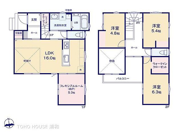 【間取り図】LDK16帖 リビング上部吹き抜けあり WIC・SCなど収納スペースあり