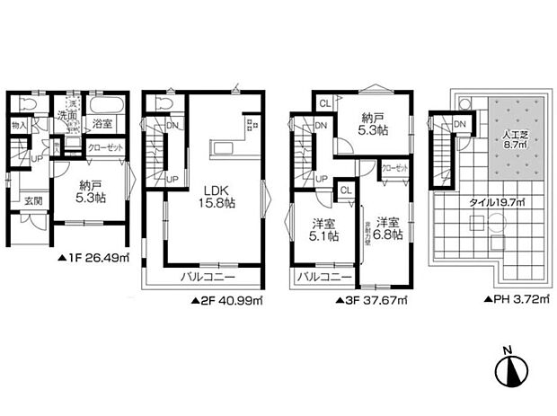 【間取図】2LDK+2S、価格4480万円、土地面積69.42m2(20.99坪)、建物面積108.87m2(32.93坪)
