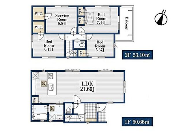 【間取り】
21.69帖の広々LDKを備えたゆとりある間取り。2階には3つの洋室と6.6帖のサービスルーム、WICを2ヶ所設け、収納力も充実しています。