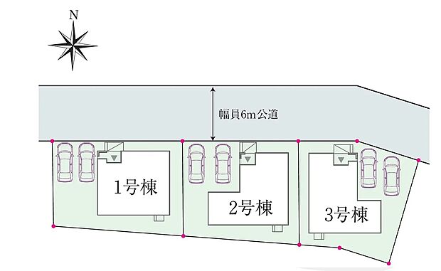 【全体区画図】幅員6mの公道に面した開放感のある区画。ゆとりある敷地配置により、敷地内には並列2台のカースペースを確保でき、車の出し入れもスムーズに行えます♪