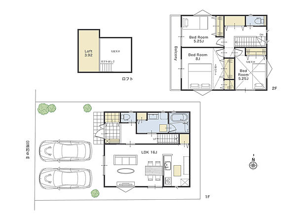 【12号地参考プラン】敷地面積：114.77ｍ2　建物面積：90.72ｍ2（1Ｆ：45.36ｍ2、2Ｆ：45.36ｍ2、ロフト：6.48ｍ2）　建物参考価格：1967万円