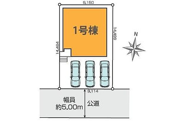 ≪全体区画図≫カースペース並列駐車3台♪前面道路は南側なので、陽当たり良好!道幅も5mありますのでお車の駐車も安心です♪