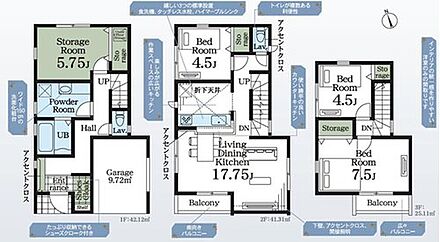 広々17.75帖のLDK！家事を手助けする食洗機付き♪道路からのプライバシーを確保しやすい「2階リビング」採用♪シューズインクローク他、各居室の収納を完備！お部屋をスッキリとご使用頂けます♪ 