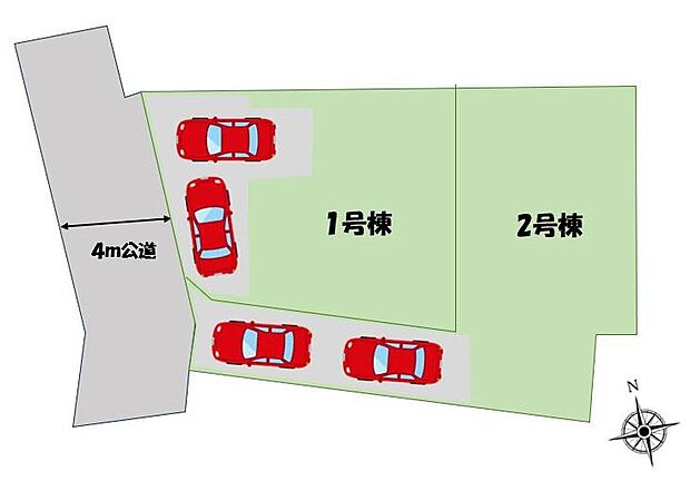 【全体区画図】カースペース2台♪前面道路は車通りが多くないので、お車の出し入れもラクラクです♪